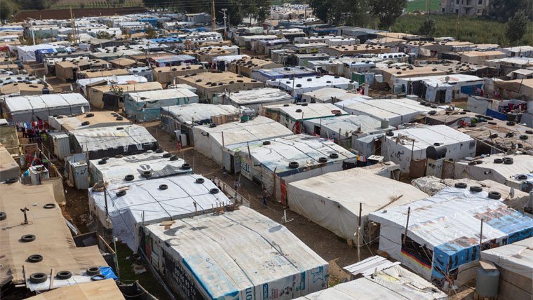Aerial view of rows of tents in a Lebanese settlement for Syrian refugees