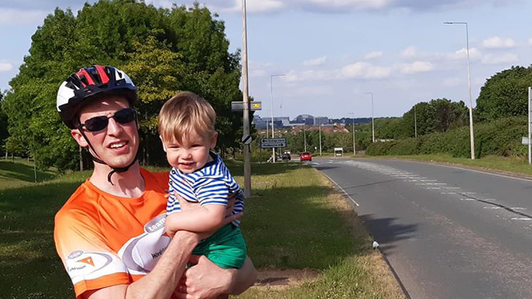 16-month-old Cobie is fundraising with his dad (pictured) and Grandad, around Milton Keynes